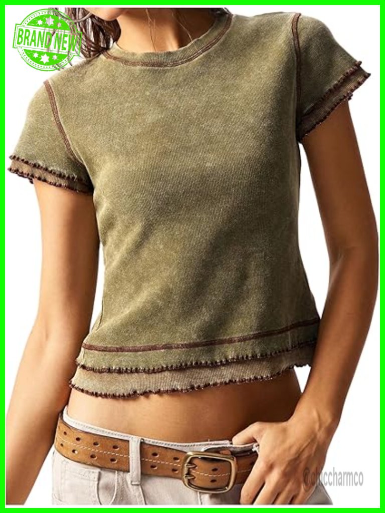 Women's Crop Tee - Ruffle Trim Short Sleeve Crew Neck Slim Fit Knit Top